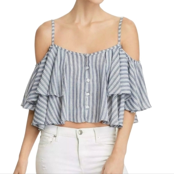 Vintage Havana Tops - VINTAGE HAVANA striped cold shoulder cropped top with ruffle